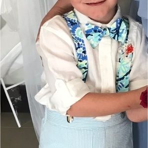 Boys seersucker Lilly pulitzer material bowtie and suspender set